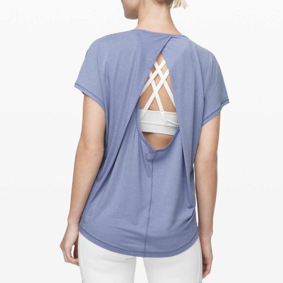 Lululemon Get Set Short Sleeve Tempest Blue White Speckled Open Back Keyhole - Picture 1 of 8